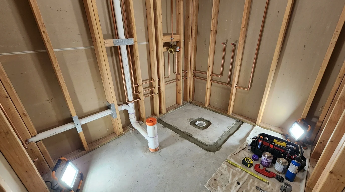 Bathroom rough-in plumbing during remodel by Johns Plumbing LLC in Sag Harbor