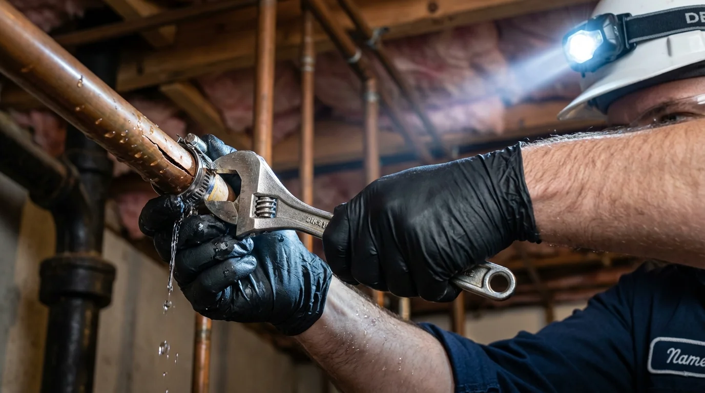 Emergency pipe clamp repair being performed by a Johns Plumbing LLC plumber in Sag Harbor