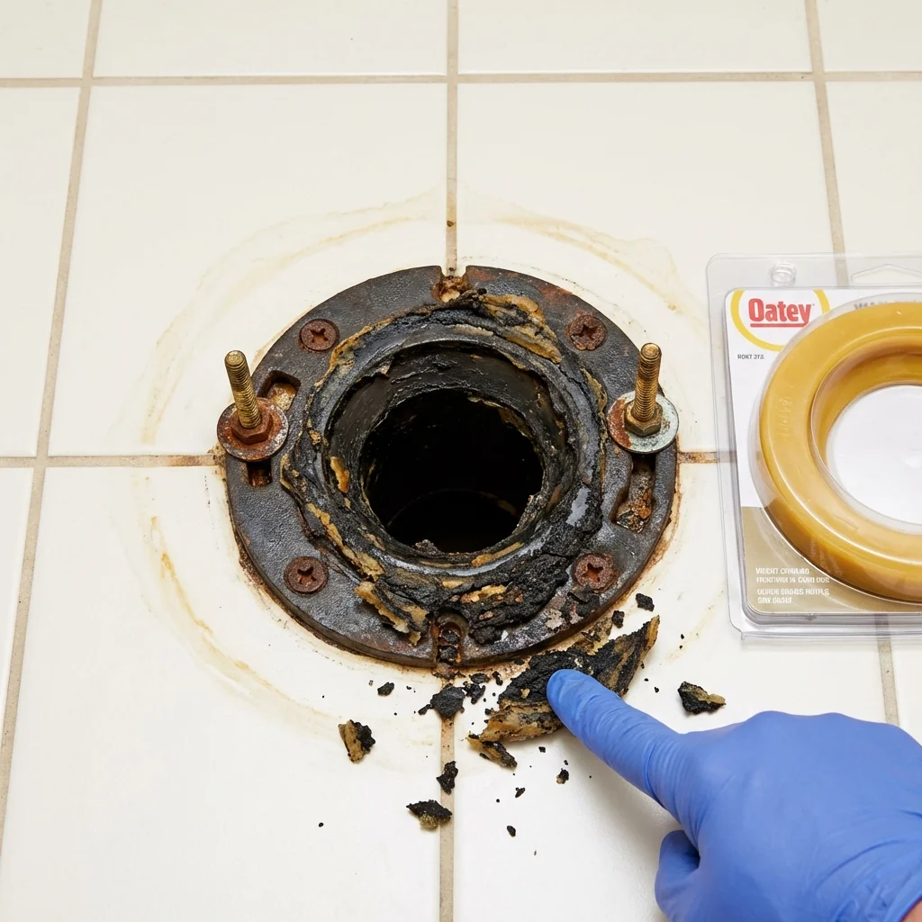 Failed wax ring showing water seepage at the base of a toilet in a Sag Harbor, NY home