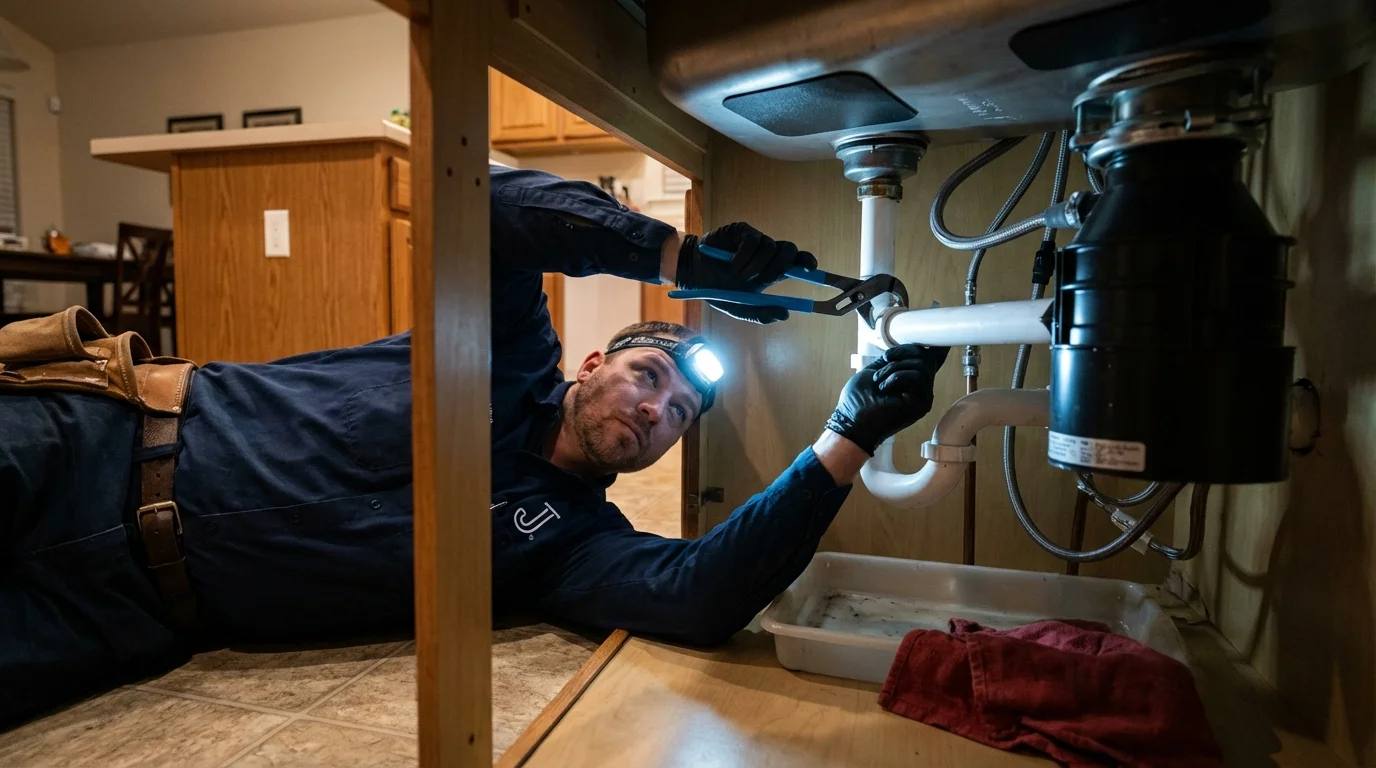 P-trap and supply line connections under a kitchen sink showing a common leak point in Sag Harbor, NY